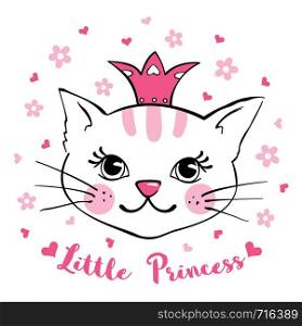 Hand drawn cute cat with a crown isolated on white background. Funny cartoon kitten character. Design element for T-shirts print, textile, fabric. Vector illustration.