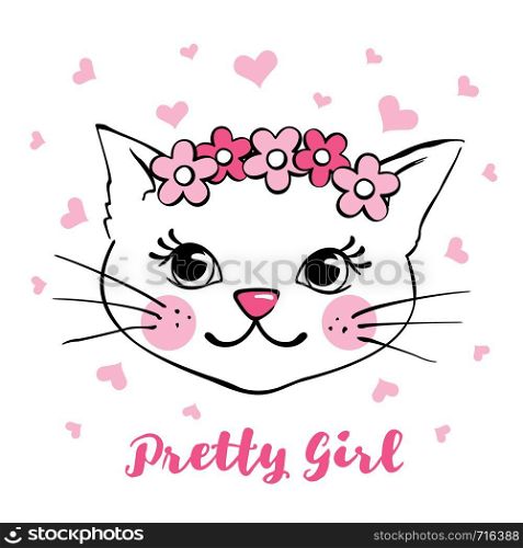 Hand drawn cute cat with flower wreath isolated on white background. Funny cartoon kitten character. Design element for T-shirts print, textile, fabric. Vector illustration.