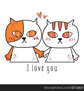 Hand-drawn cute couple cat vector.love illustration.