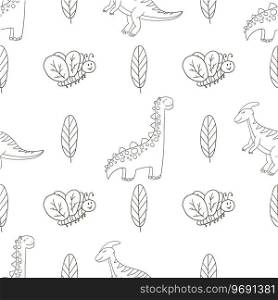 Hand drawn cute dinosaurs seamless pattern. Dinosaurs background. Coloring Print for cloth design, textile, fabric, wallpaper, wrapping paper. Coloring cute dinosaurs seamless pattern