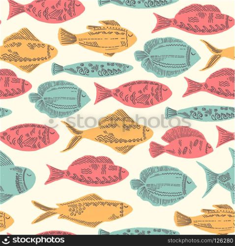 Hand drawn cute fishes seamless background pattern in vintage color and doodle style. Funny Doodle Fish. Funny Doodle Fish