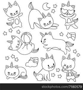 Hand drawn cute flying unicorn cats. Vector cartoon characters for kids coloring book. Cat unicorn drawing, pet with horn linear illustration. Hand drawn cute flying unicorn cats. Vector cartoon characters for kids coloring book