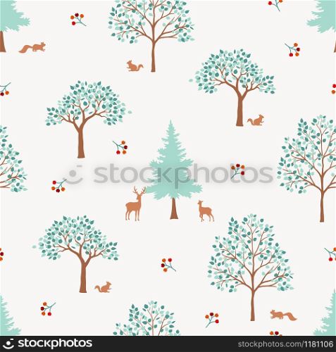 Hand drawn cute forest seamless pattern,monotone green trees on white background for decorative,apparel,fashion,fabric,textile,print or wallpaper,vector illustration