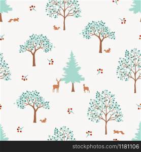 Hand drawn cute forest seamless pattern,monotone green trees on white background for decorative,apparel,fashion,fabric,textile,print or wallpaper,vector illustration