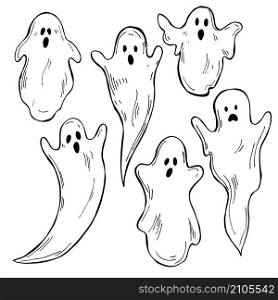 Hand drawn cute halloween ghosts on white background. Vector sketch illustration.. Cute halloween ghosts. Vector illustration.