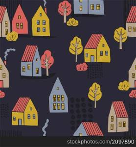 Hand drawn cute houses and trees on dark background. Vector seamless pattern.. Vector pattern with graphic houses.