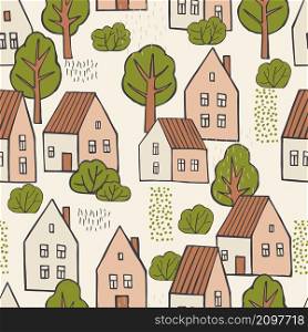 Hand drawn cute houses and trees. Vector seamless pattern.. Houses and trees. Vector seamless pattern.