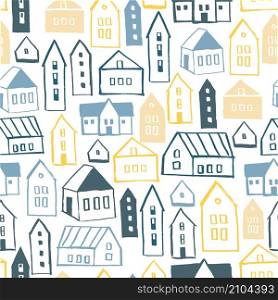 Hand drawn cute houses. Vector seamless pattern.. Hand drawn houses on white background