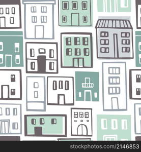 Hand drawn cute houses. Vector seamless pattern.. Hand drawn houses on white background