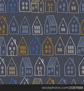 Hand drawn cute houses. Vector seamless pattern.. Vector pattern with graphic houses.