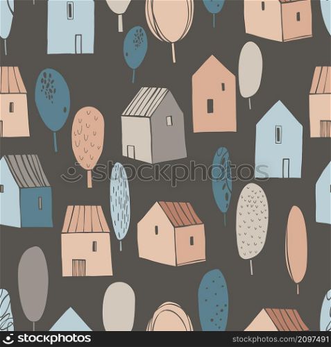 Hand drawn cute houses. Vector seamless pattern.. Vector pattern with houses.