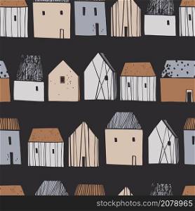 Hand drawn cute houses. Vector seamless pattern.. Vector seamless pattern with houses.