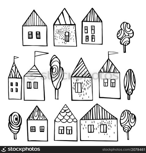 Hand drawn cute houses. Vector sketch illustration.