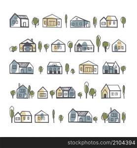 Hand drawn cute houses. Vector sketch illustration.. Hand drawn houses on white background