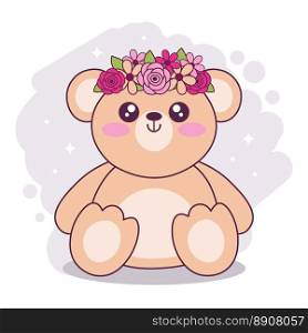 Hand drawn cute kawaii teddy bear. Adorable cartoon bear character with flowers bouquet. Childish t shirt print design