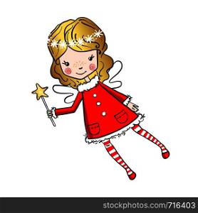 Hand drawn cute little fairy with a magic wand isolated on white background. Vector illustration. Design element for greeting cards, t-shirt and other. Hand drawn cute little fairy with a magic wand.