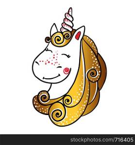Hand drawn Cute magic Unicorn isolated on white background. Cartoon fantasy animal. Dream symbol. Design element for greeting cards, t-shirt and other. Vector illustration.. Hand drawn Cute magic Unicorn.