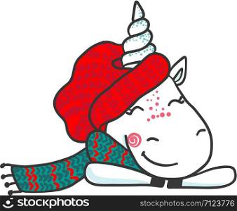 Hand drawn Cute magic winter Unicorn isolated on white background. Cartoon fantasy animal. Dream symbol. Design element for greeting cards, t-shirt and other. Vector illustration.