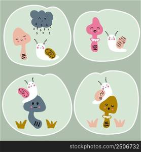 Hand drawn cute mushrooms and snails stickers collection. Perfect for T-shirt, posters and print. Doodle vector illustration for decor and design.
