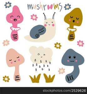 Hand drawn cute mushrooms collection in hippie aesthetic style. Perfect for T-shirt, poster, stickers and print. Vector isolated illustration for decor and design.