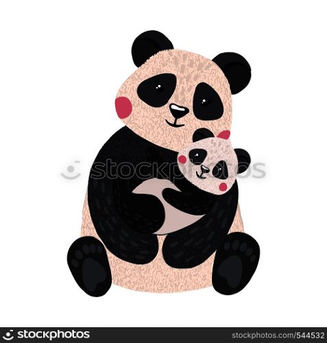 Hand drawn cute panda with baby isolated on white background. Wild animal. Vector illustration.. Cute panda with baby isolated on white.
