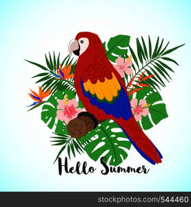 Hand drawn cute parrot ara on a floral background. Cartoon tropical bird. Summer concept. Design element for poster, banner, t-shirt and other. Vector illustration.. Cute parrot ara on a floral background.