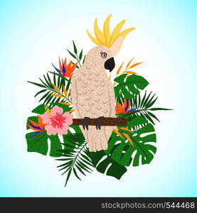 Hand drawn cute parrot cockatoo on a floral background. Cartoon tropical bird. Summer concept. Design element for poster, banner, t-shirt and other. Vector illustration.. Cute parrot cockatoo on a floral background.