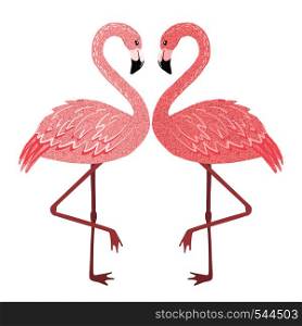 Hand drawn cute pink flamingo couple in love isolated on white background. Tropical bird. Vector illustration.. Pink flamingo couple in love isolated on white.