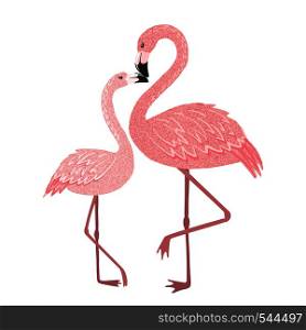 Hand drawn cute pink flamingo mom with baby isolated on white background. Tropical bird. Vector illustration.. Pink flamingo mom with baby isolated on white.