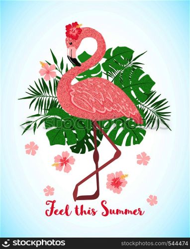 Hand drawn cute pink flamingo on a floral tropical background. Cartoon tropical bird. Design element for poster, banner, t-shirt print, greeting cards and other. Vector illustration.. Cute pink flamingo on a floral tropical background