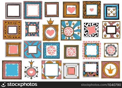 Hand drawn cute princess frames. Vintage color sketch frame, pink mirror border and doodle frames. Girly photo framing, retro princess card decoration. Isolated vector icons set. Hand drawn cute princess frames. Vintage color sketch frame, pink mirror border and doodle frames vector set