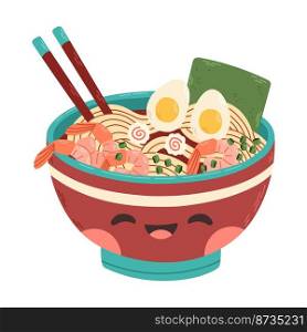 Hand drawn cute ramen noodle in the bowl with shrimps illustration design vector