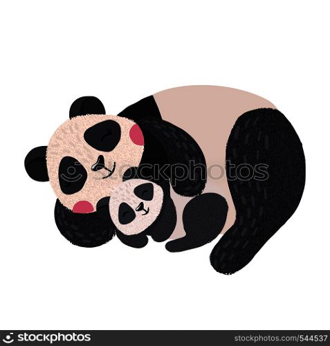 Hand drawn cute sleeping panda with baby isolated on white background. Wild animal. Vector illustration.. Cute sleeping panda with baby isolated on white.