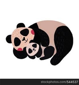 Hand drawn cute sleeping panda with baby isolated on white background. Wild animal. Vector illustration.. Cute sleeping panda with baby isolated on white.