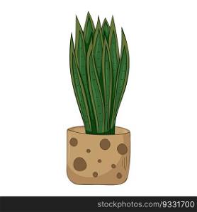 Hand drawn cute summer illustration of growing sansevieria in pot. Vector simple colored Home plant icon. Hand drawn cute summer illustration of growing sansevieria in pot. Vector simple colored Home plant icon.