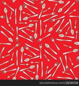 Hand drawn cutlery pattern, froks, knives and spoons doodles over a red background