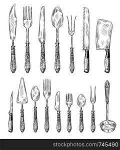 Hand drawn cutlery set. Vintage fork, food spoon and sketch dinner knife. Restaurant ink silver cutlery, dinner meal utensil doodle sketch vector illustration isolated icons set. Hand drawn cutlery set. Vintage fork, food spoon and sketch dinner knife vector illustration set