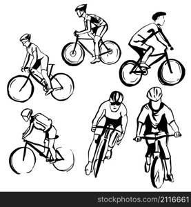 Hand drawn cyclists . Vector sketch illustration.