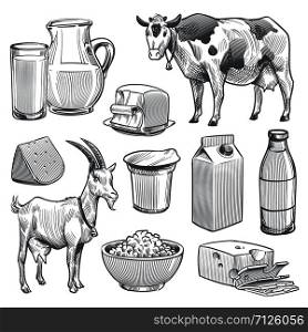 Hand drawn dairy products. Farm cow and goat milk healthy fresh product. Butter and cottage cheese, yogurt vintage sketch vector isolated countryside set. Hand drawn dairy products. Farm cow and goat milk healthy fresh product. Butter and cottage cheese, yogurt vintage sketch vector set