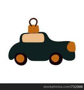 Hand drawn dark green car Christmas tree toy illustration. Hand drawn clipart. Flat style illustration. Greeting card, poster, design element. . Hand drawn dark green car Christmas tree toy