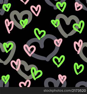 Hand drawn dark seamless pattern with hearts. Perfect for T-shirt, textile and print. Doodle vector illustration for decor and design.