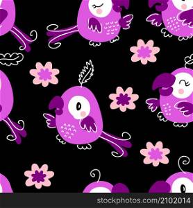 Hand drawn dark seamless pattern with parrots and flowers. Perfect for T-shirt, textile and print. Doodle vector illustration for decor and design.