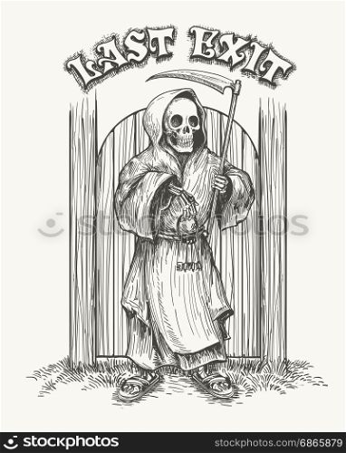 Hand drawn Death with Scythe and keys against the gate with wording Last Exit. Vector Illustration