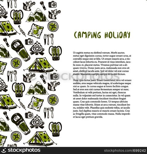 Hand drawn decoration with camping holiday elements. Summer vacation background. Vector travel template for flyer, banner, poster, brochure design. Hand drawn decoration with camping holiday elements. Summer vacation background. Vector travel template