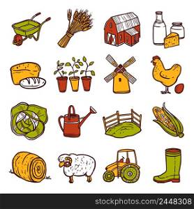 Hand drawn decorative agriculture icons set with windmill tractor wheelbarrow isolated vector illustration. Agriculture Icons Set