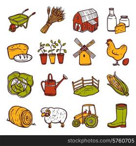 Hand drawn decorative agriculture icons set with windmill tractor wheelbarrow isolated vector illustration