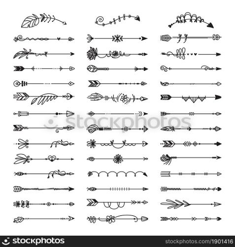 Hand drawn decorative arrows. Drawing arrow ornament, doodle borders. Isolated scribble tribal elements, floral dividers classy vector set. Illustration arrow decorative sketch graphic, drawn element. Hand drawn decorative arrows. Drawing arrow ornament, doodle borders. Isolated scribble tribal elements, floral dividers classy vector set
