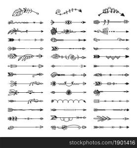 Hand drawn decorative arrows. Drawing arrow ornament, doodle borders. Isolated scribble tribal elements, floral dividers classy vector set. Illustration arrow decorative sketch graphic, drawn element. Hand drawn decorative arrows. Drawing arrow ornament, doodle borders. Isolated scribble tribal elements, floral dividers classy vector set