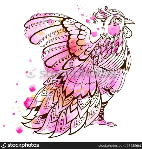Hand drawn decorative bird with pink watercolor texture.