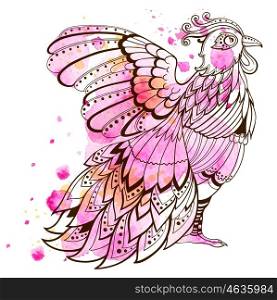 Hand drawn decorative bird with pink watercolor texture.